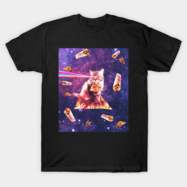 Space Cat Eating Pizza - Rainbow Laser Eyes, Burrito T-Shirt by Random Galaxy
